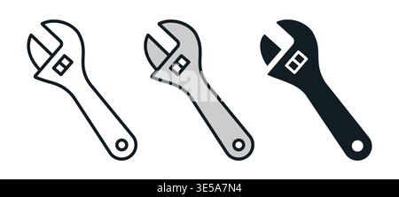Adjustable wrench tool icon in outline and solid filled vector styles. Representing repair equipment, mechanical work, and maintenance tool. Stock Vector