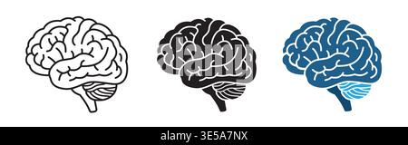 Human brain icon in editable stroke outline version and solid filled vector versions. Representing neurology, intelligence, and mental health. Stock Vector