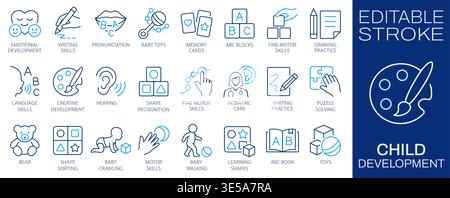 Child development line icons set, early learning concept. Education, motor skills, language training, toys, and pediatric care symbols. Editable strok Stock Vector
