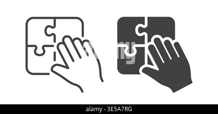 Hand placing puzzle piece icon in outline and solid filled vector styles. Representing problem solving, solution search, and logical thinking. Stock Vector