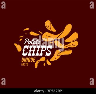 Crispy fried potato chips icon with flying slices Stock Vector