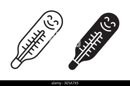 Child thermometer icon in editable stroke outline and solid filled vector styles. Representing pediatric temperature measurement and healthcare monito Stock Vector