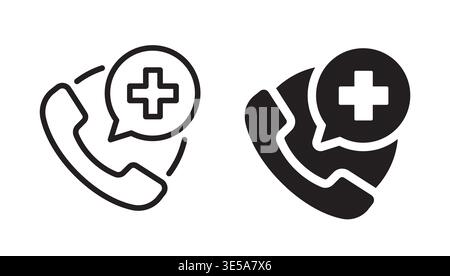 Medical phone call icon with speech bubble in editable stroke outline and solid filled vector styles. Representing healthcare communication, emergency Stock Vector