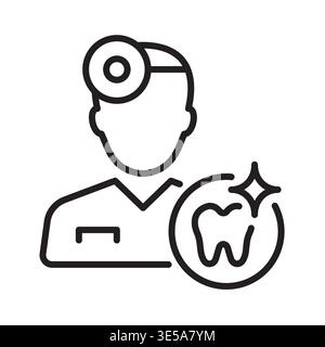 Dentist icon with dental mirror and tooth in editable stroke outline vector style. Representing dental care, oral hygiene, and professional examinatio Stock Vector