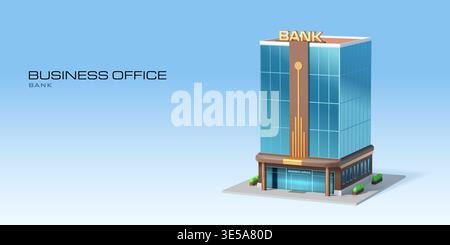 3D bank office isometric building, glass facade Stock Vector