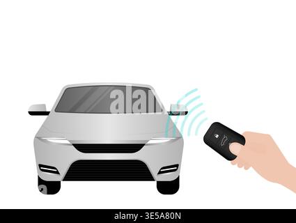 Hand Pressing Car Key Remote Control to Lock or Unlock Car. Car Alarm System. Vector Illustration. Stock Vector