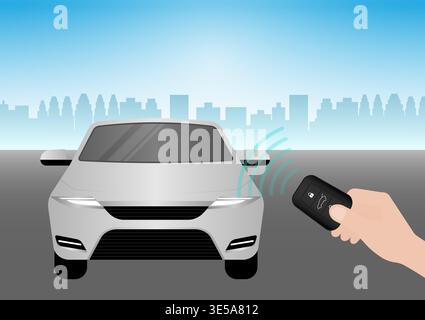 Hand Pressing Car Key Remote Control to Lock or Unlock Car. Car Alarm System. Vector Illustration. Stock Vector