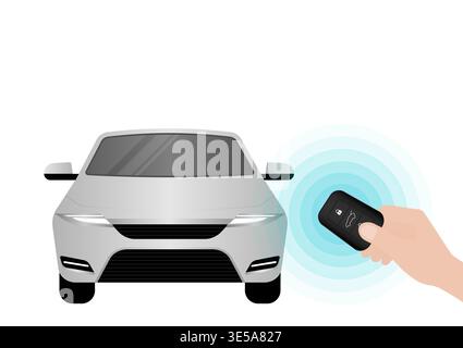 Hand Pressing Car Key Remote Control to Lock or Unlock Car. Car Alarm System. Vector Illustration. Stock Vector