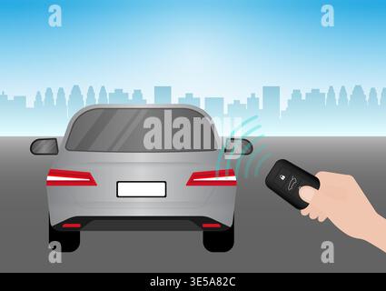 Hand Pressing Car Key Remote Control to Lock or Unlock Car. Car Alarm System. Vector Illustration. Stock Vector