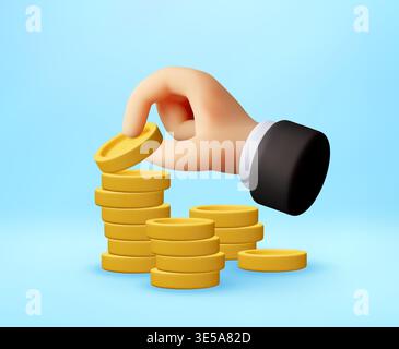 3D hand stacking gold coins. Stock Vector