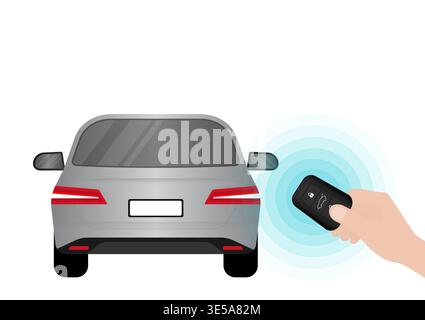 Hand Pressing Car Key Remote Control to Lock or Unlock Car. Car Alarm System. Vector Illustration. Stock Vector