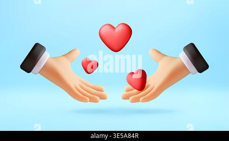 3D Two hands holding floating red hearts. Stock Vector