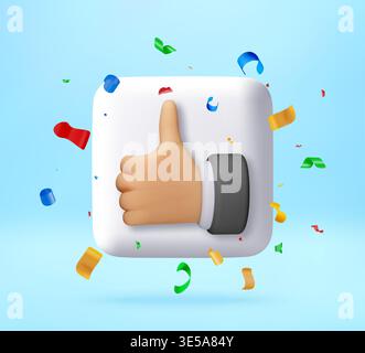 3D Thumb up gesture button with colorful confetti. Stock Vector