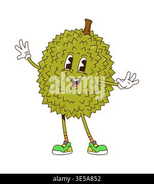 Cartoon funny groovy durian character in sneakers Stock Vector