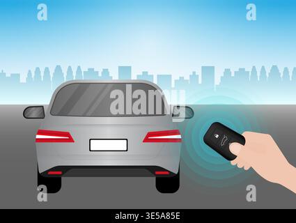 Hand Pressing Car Key Remote Control to Lock or Unlock Car. Car Alarm System. Vector Illustration. Stock Vector
