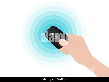 Hand Pressing Car Key Remote Control to Lock or Unlock Car. Car Alarm System. Vector Illustration. Stock Vector