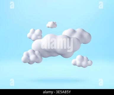 3D White puffy clouds floating in blue sky. Stock Vector