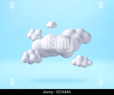 3D White puffy clouds floating in blue sky. Stock Vector