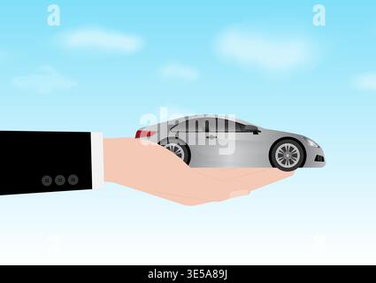 Hand Holding Car. Buying Car or Renting Car Concept. Vector Illustration. Stock Vector