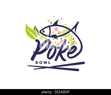 Poke bowl icon with fish outline and leaf elements Stock Vector
