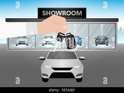 Buying New Car Concept. Hand Holding Car Key in Showroom. Vector Illustration. Stock Vector