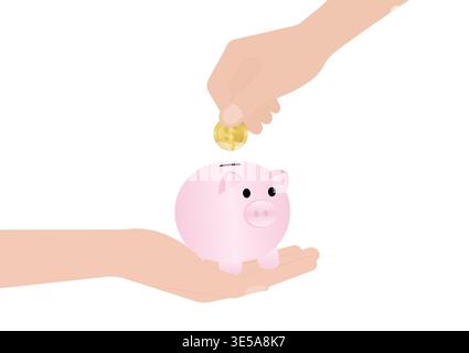 Hand Putting Coin into Piggy Bank.  Growing Money, Saving and Investment Concept. Vector Illustration. Stock Vector