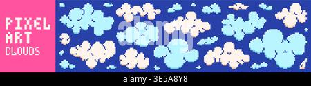 Pixel art white and blue clouds drawn in different shapes. Stock Vector