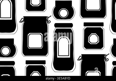 Vector seamless pattern with black silhouette of jars on white background. Monochrome texture with bottles and flasks for wallpaper, textile and wrapp Stock Vector