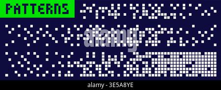 Three pixel art white dot scattered patterns. Stock Vector