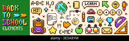 Pack of Back to School pixel art color elements. Backpack, Globe, Pencil, Ruler, triangle, Lightbulb, Trophy, flask, Envelope 8 bit details. Stock Vector