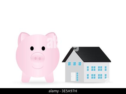 Piggy Bank and House. House Real Estate Property. House Loan, Mortgage or Renting House Concept. Stock Vector