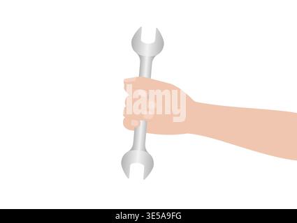 Hand Holding Wrench or Spanner. Hand Tool or Mechanic Tool. Vector Illustration. Stock Vector