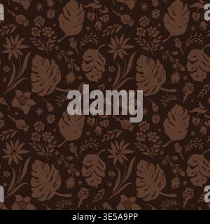 Trendy dark dense coffee colour, mocha mousse seamless floral vector pattern, hand-drawn. Stock Vector