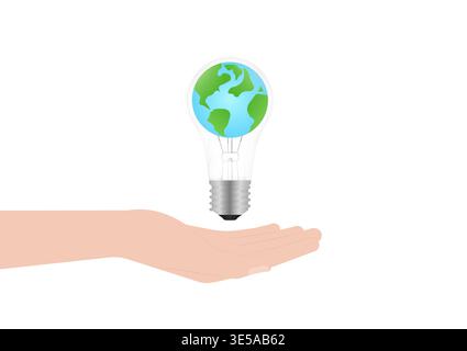 Light Bulb with Planet Earth inside. Saving Electricity and Energy. Green Energy or Renewable Energy. Eco- Friendly Concept. Stock Vector