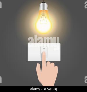 Hand Turning Off Light Switch. Saving Electricity and Energy Concept. Vector Illustration. Stock Vector