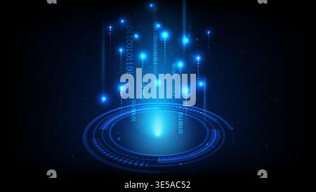 Digital HUD circle with falling binary code numbers and glowing blue lights, Data transfer technology concept Stock Vector