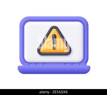 Purple laptop display screen with yellow warning triangle and black exclamation mark. Computer error, warning, cybersecurity, troubleshooting concept. Stock Vector