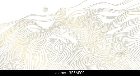 Abstract gold line mountain landscape, flowing waves,rising sun, minimalist Japanese style. Luxury vector background, desert dunes, ocean curves, zen Stock Vector