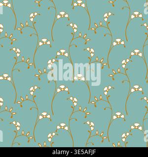 Botanical pattern with delicate white blossoms and golden stems on muted teal background, perfect for elegant textiles, boutique gift wrapping, and vintage-style home wallpaper. Vector illustration Stock Vector