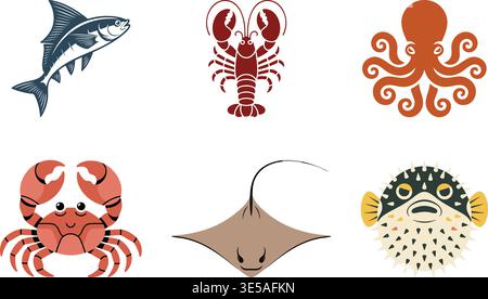 A colorful illustration set featuring various marine creatures including fish, lobster, octopus, crab, stingray, and pufferfish. Stock Vector