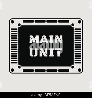 Bold square panel featuring main unit text centered inside a dark microchip style frame with circuit inspired border details and corner nodes. Stock Vector