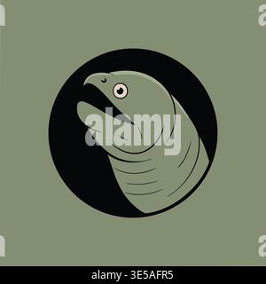 Minimal illustration of an eel head portrait emerging inside a dark circular shadow with smooth skin folds and open mouth. Stock Vector