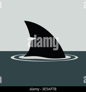 Minimal illustration of a black shark fin emerging above the water surface with circular ripples around it. Stock Vector