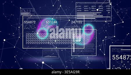 Displaying translucent HUD panel showing keyboard grid and data panes in cyberspace with neon rings Stock Photo