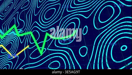 Displaying neon cyan contour rings and bright green zigzag trend line on dark navy grid Stock Photo