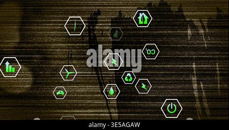Displaying eco hexagon icons glowing on corrupted screen, with recycle leaf water power symbols Stock Photo