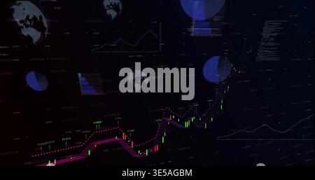 Displaying candlestick chart moving across trading dashboard with magenta ribbon and price labels Stock Photo