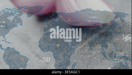 Displaying translucent world map overlay in composite, showing hex grid, HUD markers, blurred lips Stock Photo