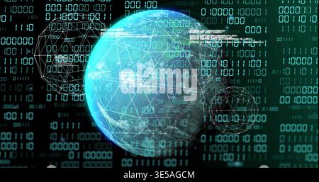 Rotating stylized globe with wireframe mesh in virtual data visualization, streaming binary code Stock Photo