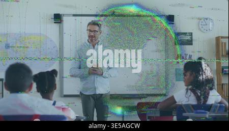 Teaching teacher standing at front of class, in light shirt and glasses, with whiteboard and glitch Stock Photo